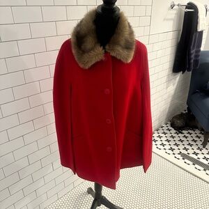 NWT. Talbots Christmas red wool cape with detachable faux fur collar. Size M.